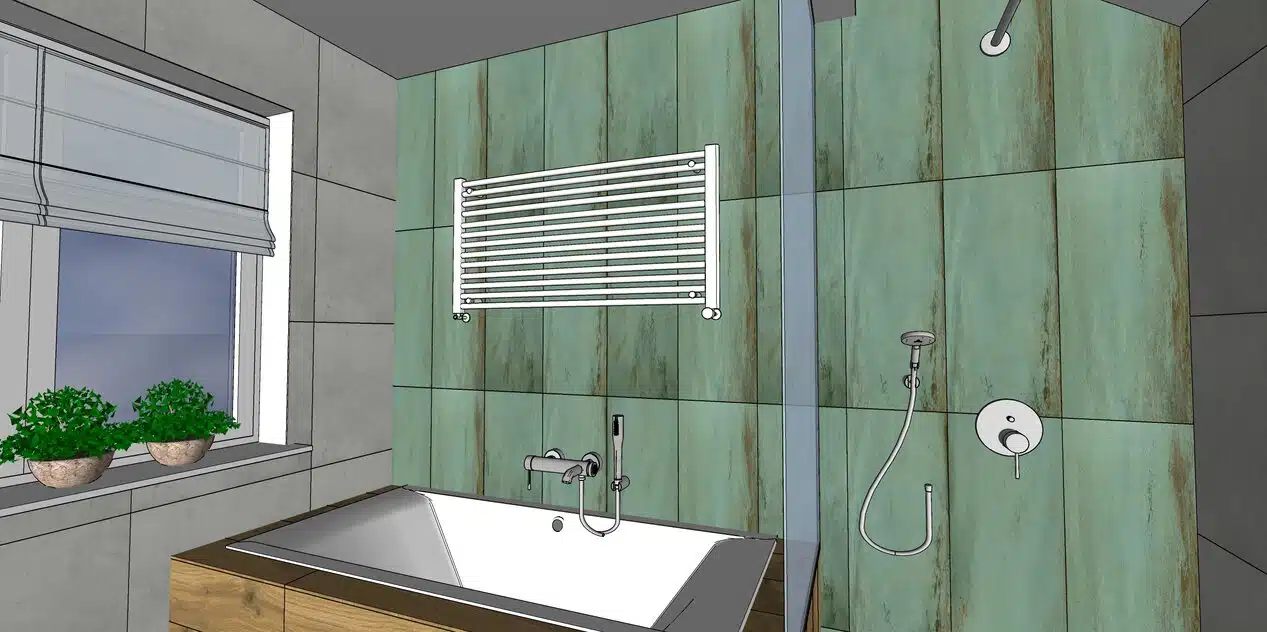 projekt łazienki z zielono - złotymi płytkami